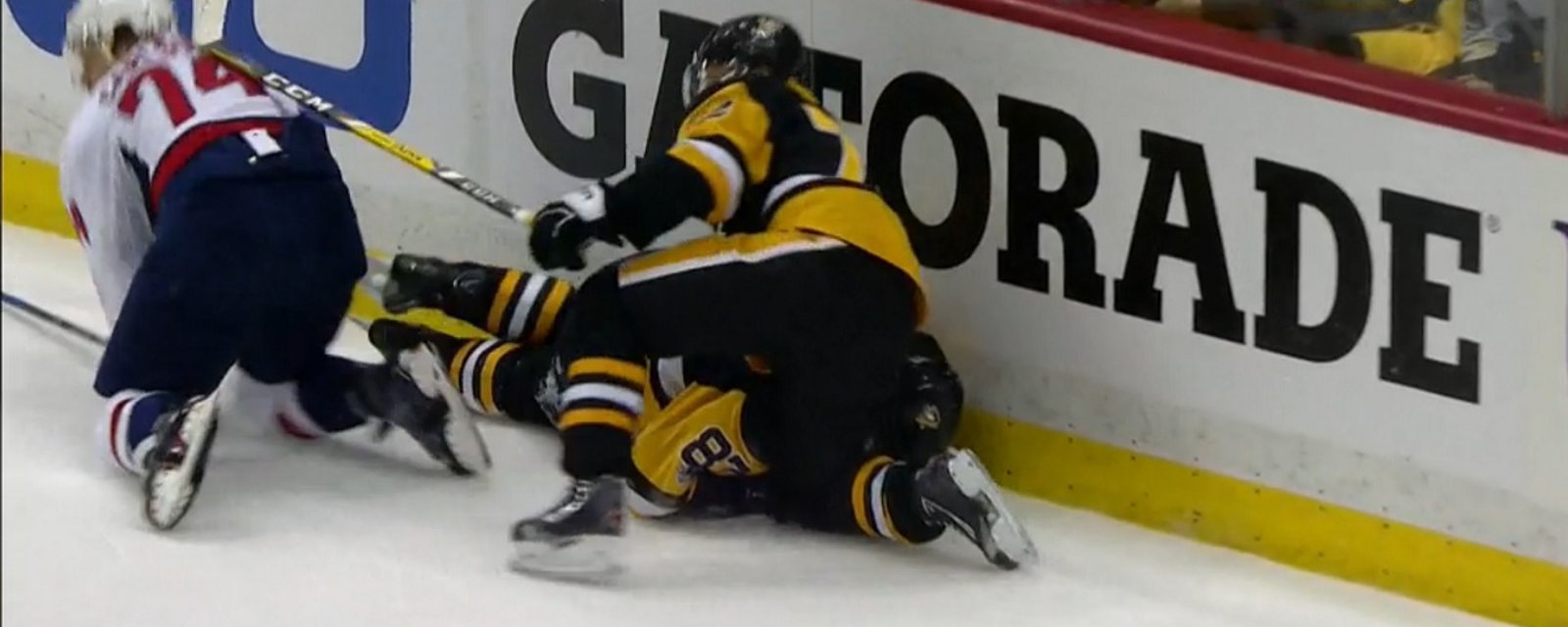 Breaking: Crosby goes head first into the boards after scary collision behind the net.