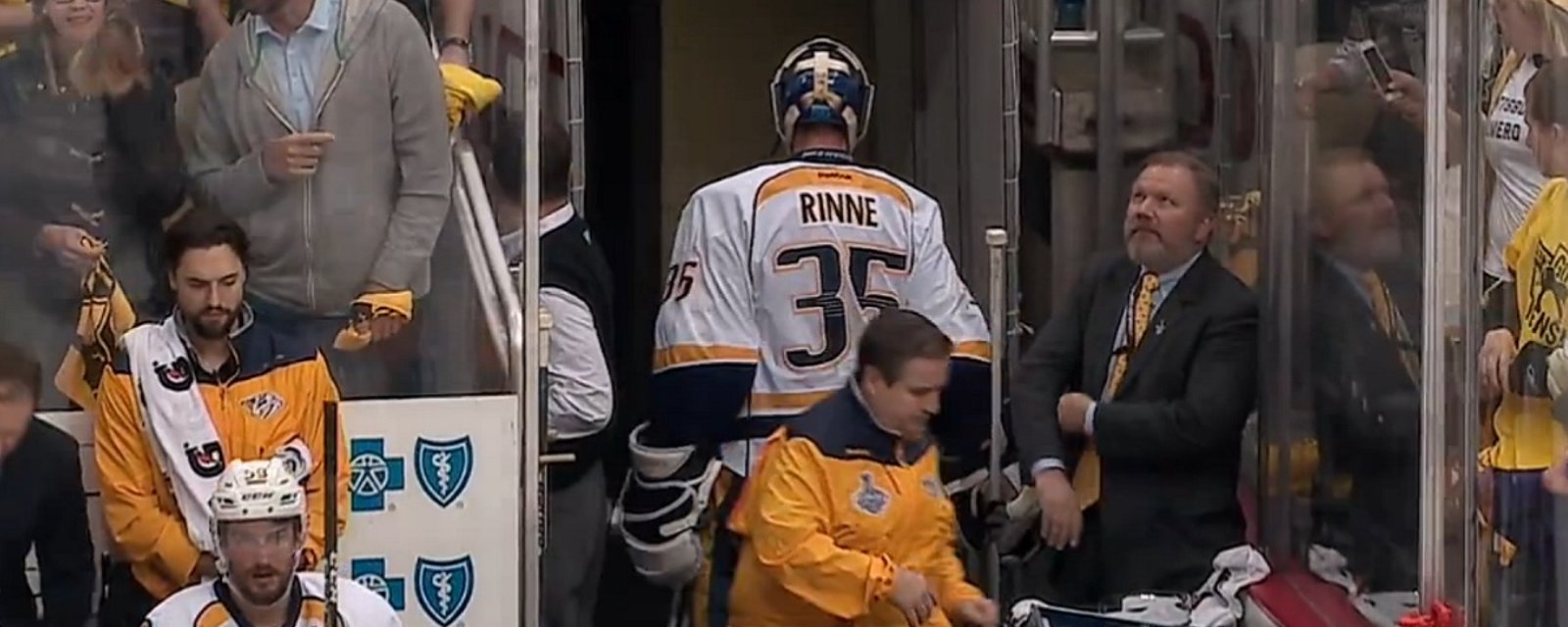 Rinne chased all the way to the locker room after 2 goals in 15 seconds!