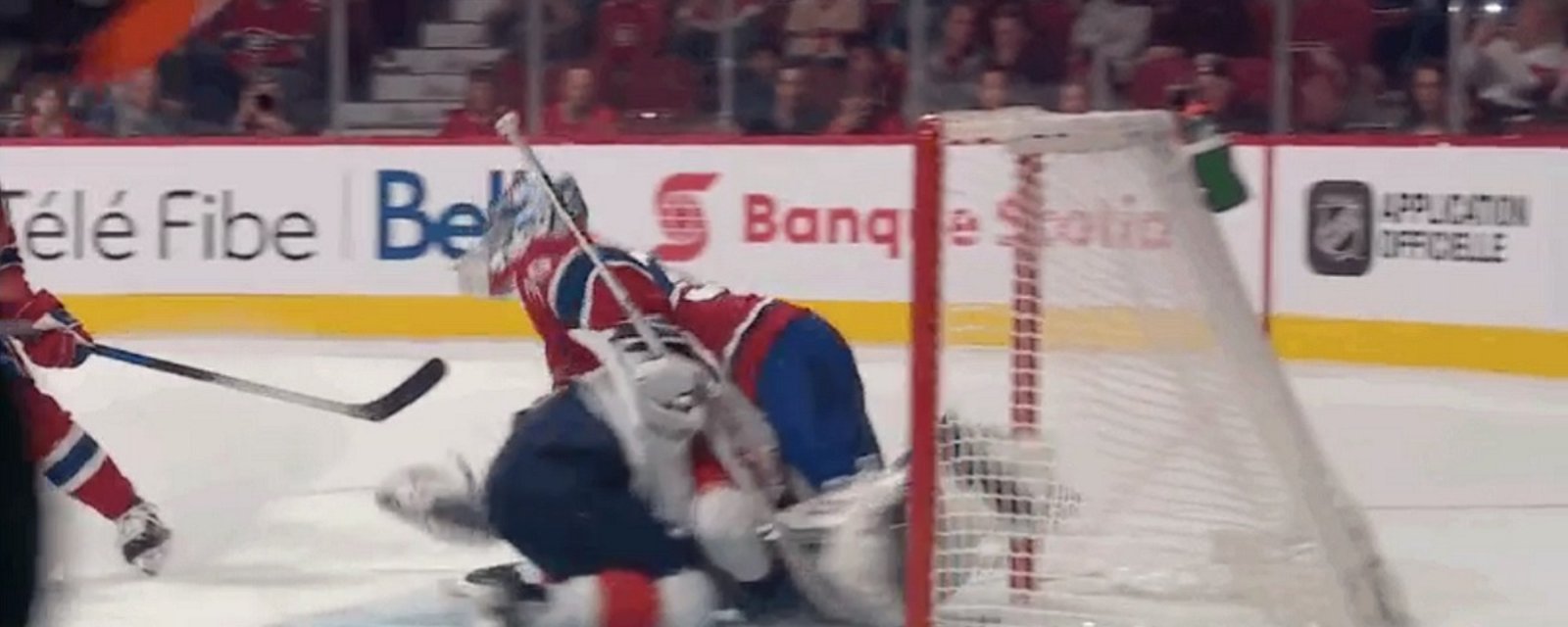 Young Habs goalie gets bulldozed into his own net, goal still counts.