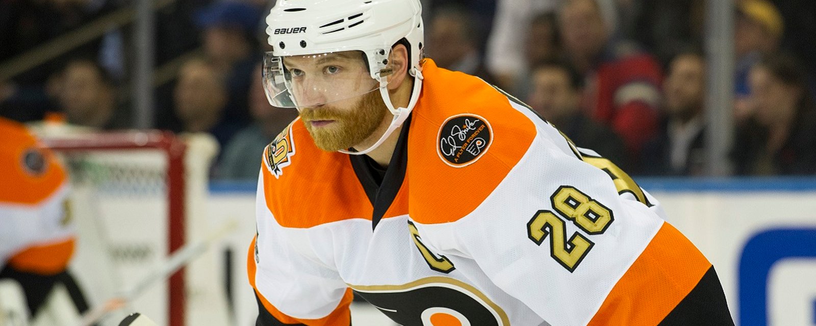 Philadelphia Flyers winger Claude Giroux scores the first of the season.