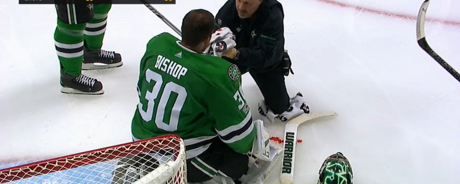 Hard shot  hits Ben Bishop in the head, leaves him a bloody mess.