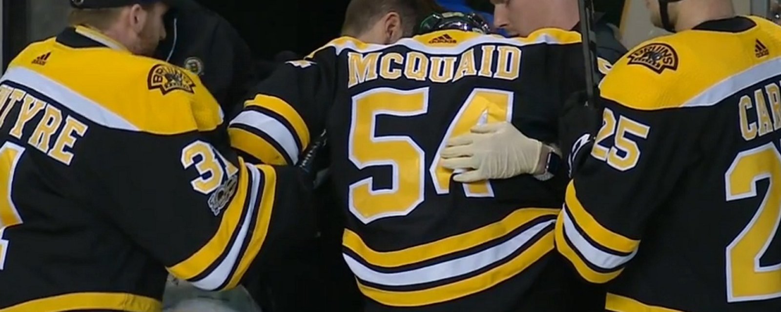 Video shows how Bruins Adam McQuaid broke his leg on Thursday night.