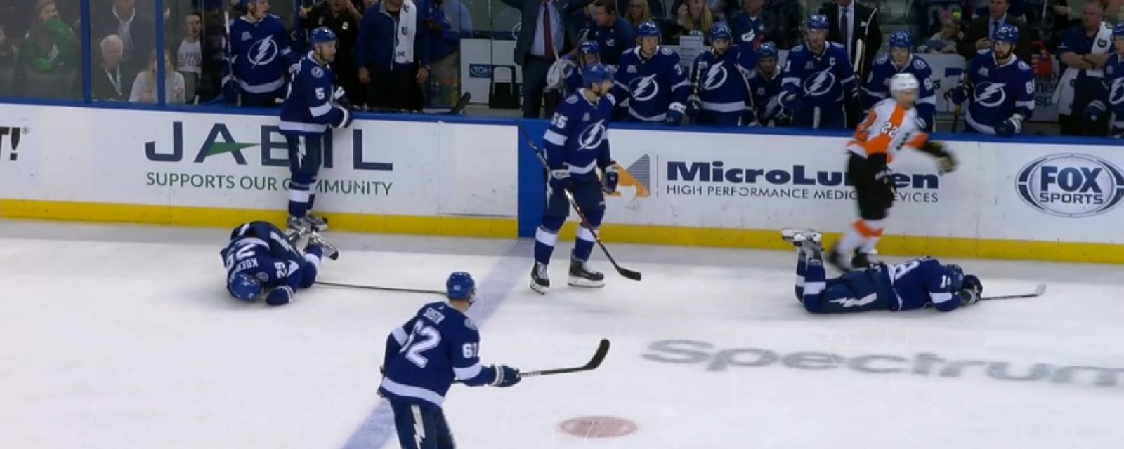 Weise clothlines two lightning players at the same time, takes a hilarious penalty. 