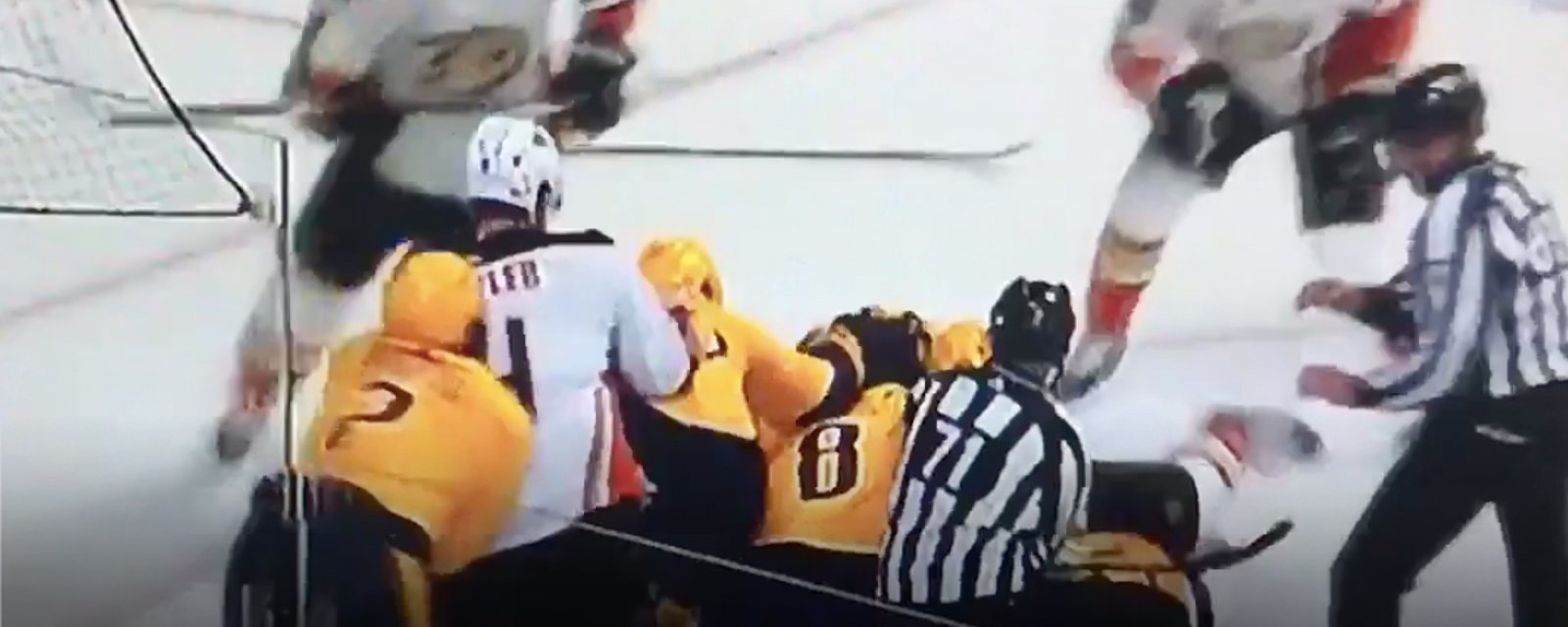 Greatest stick lift of all time, goal, and massive brawl all in one play!