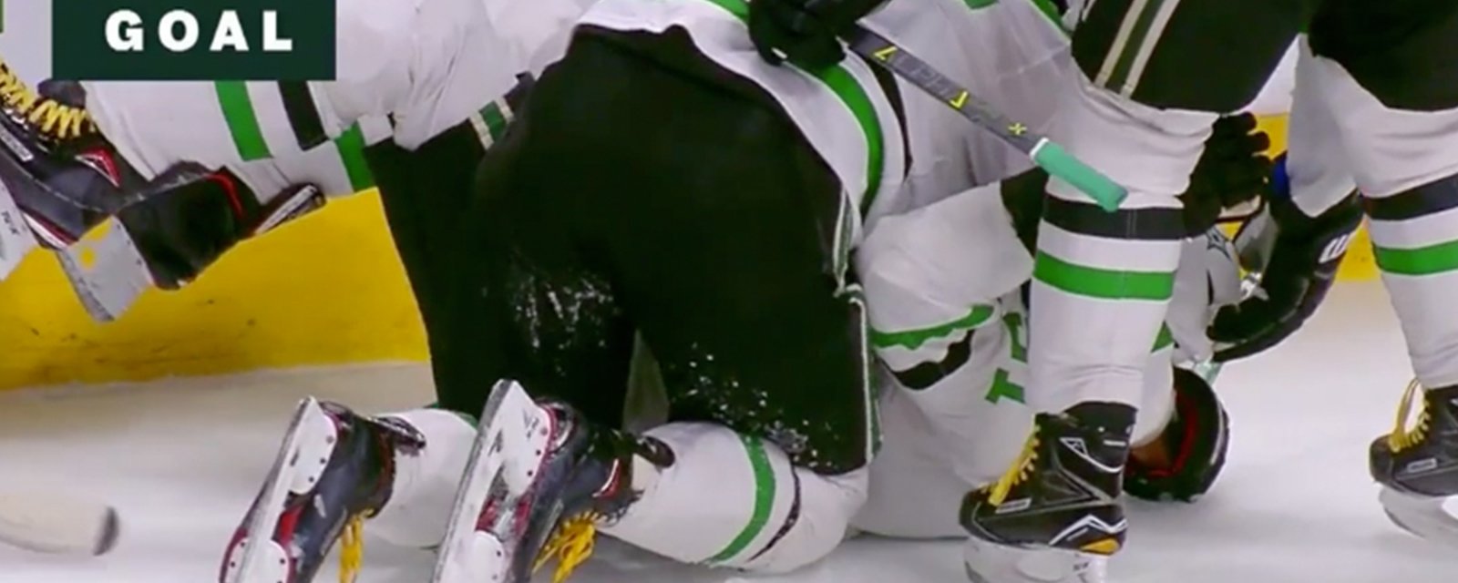 Seguin scores and gets decked by teammate Radulov