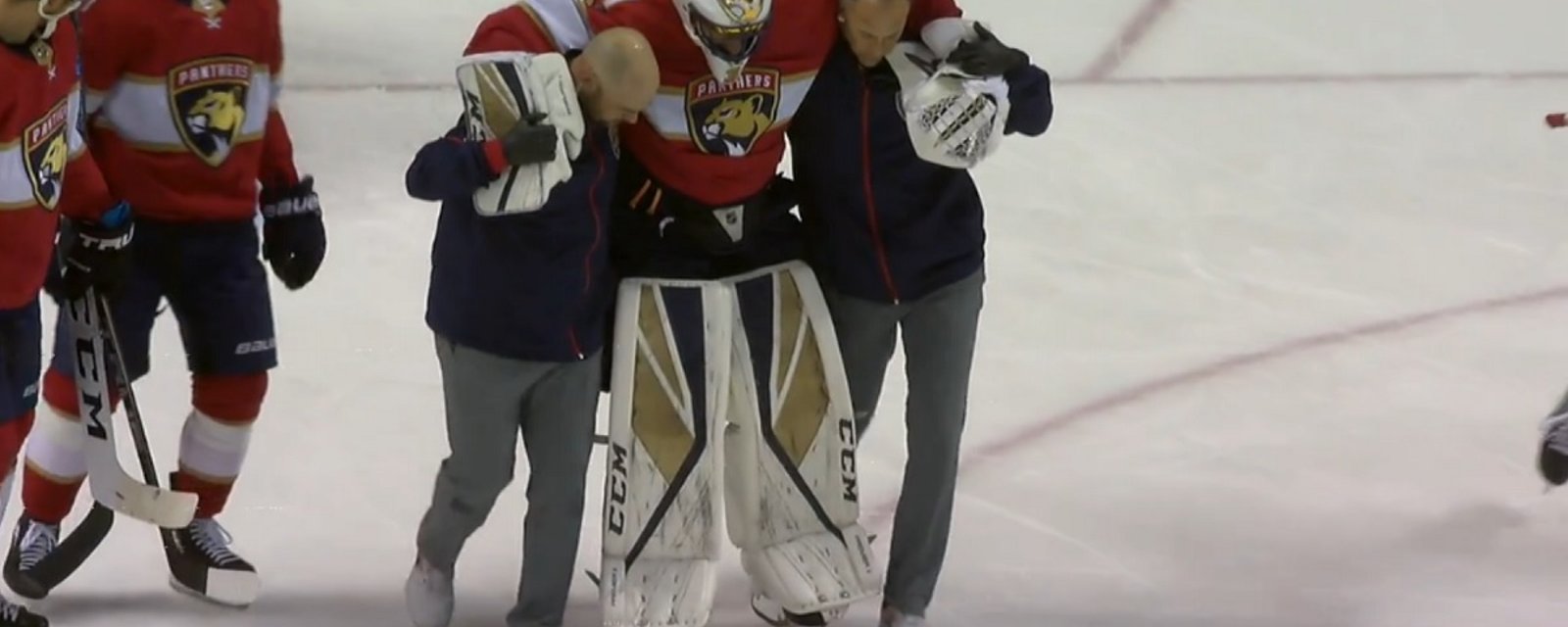 Breaking: Luongo carried off the ice by trainers after serious looking injury.