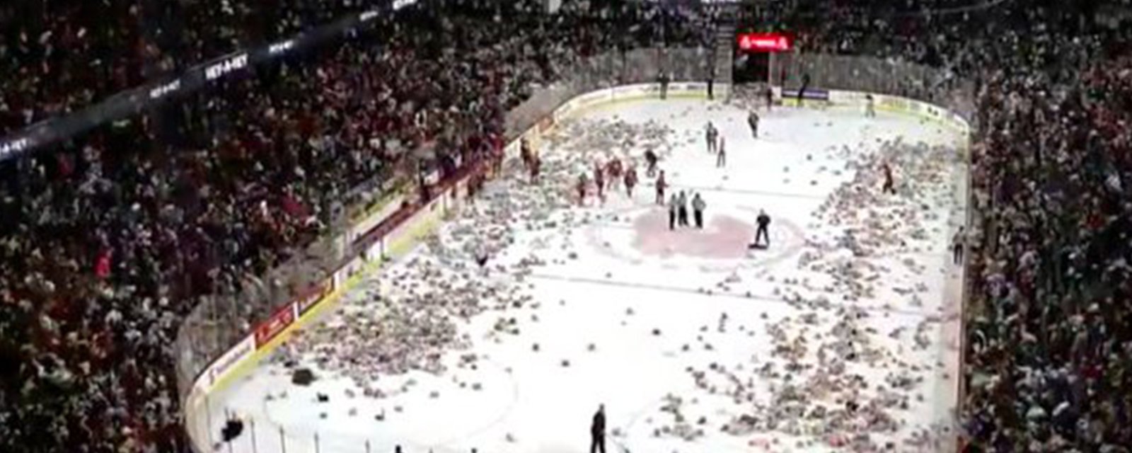 Watch 24,605 teddy bears hit the ice in Calgary!