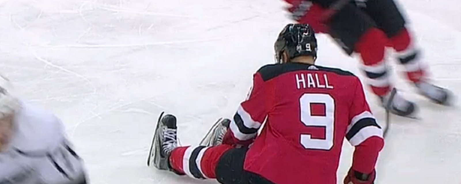 Two goal night for Taylor Hall ends with hard knee-on-knee hit. 