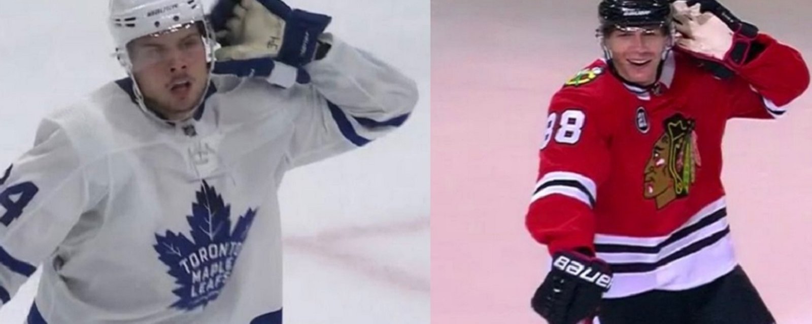 Patrick Kane gets a reaction out of Auston Matthews by mocking his celly.