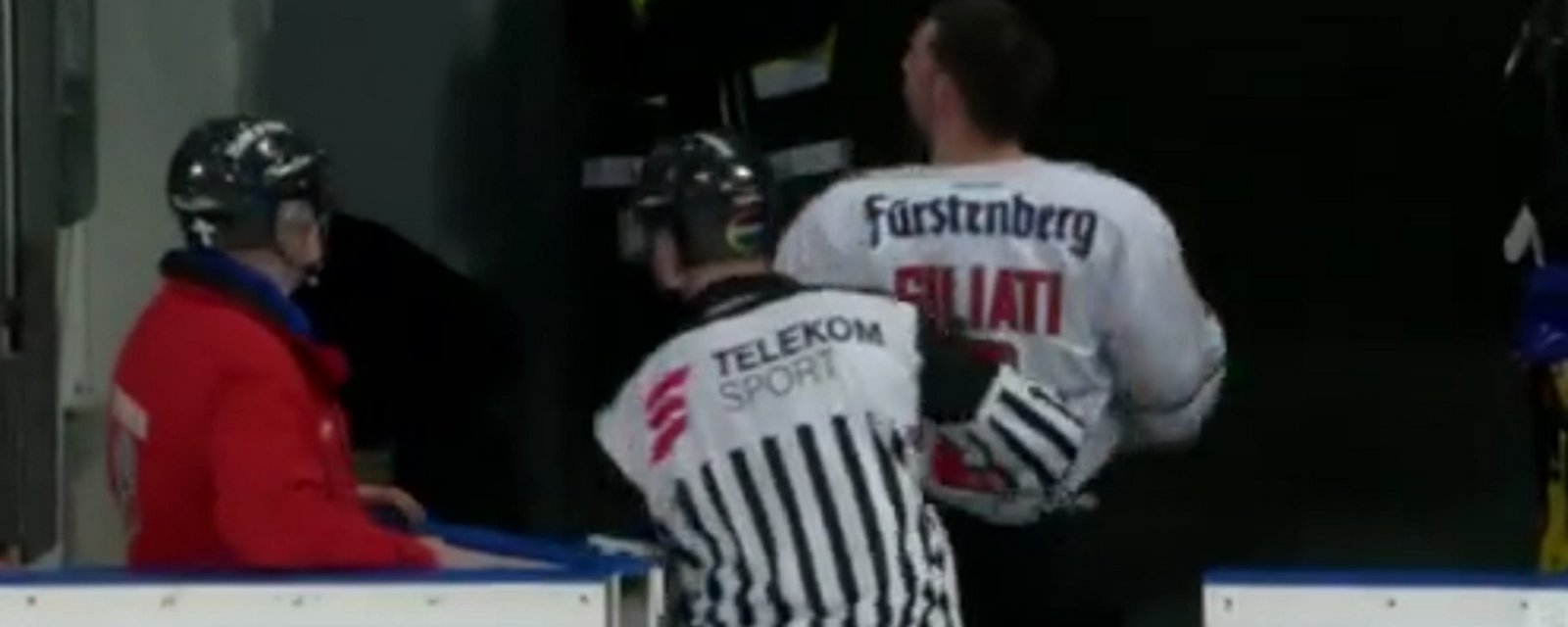 Player in the DEL charges out of the penalty box to fight an opposing player.