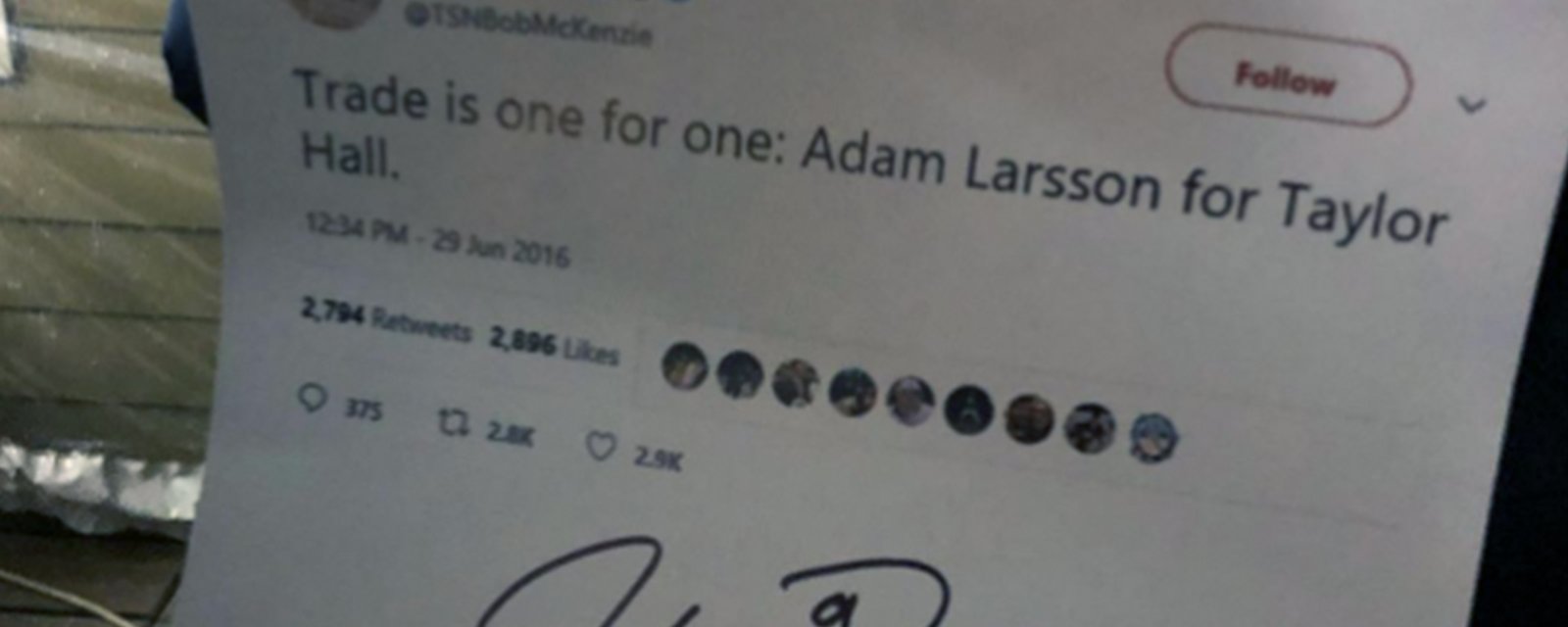 Taylor Hall has hilarious encounter with fan, signs a printed tweet of Hall for Larsson trade
