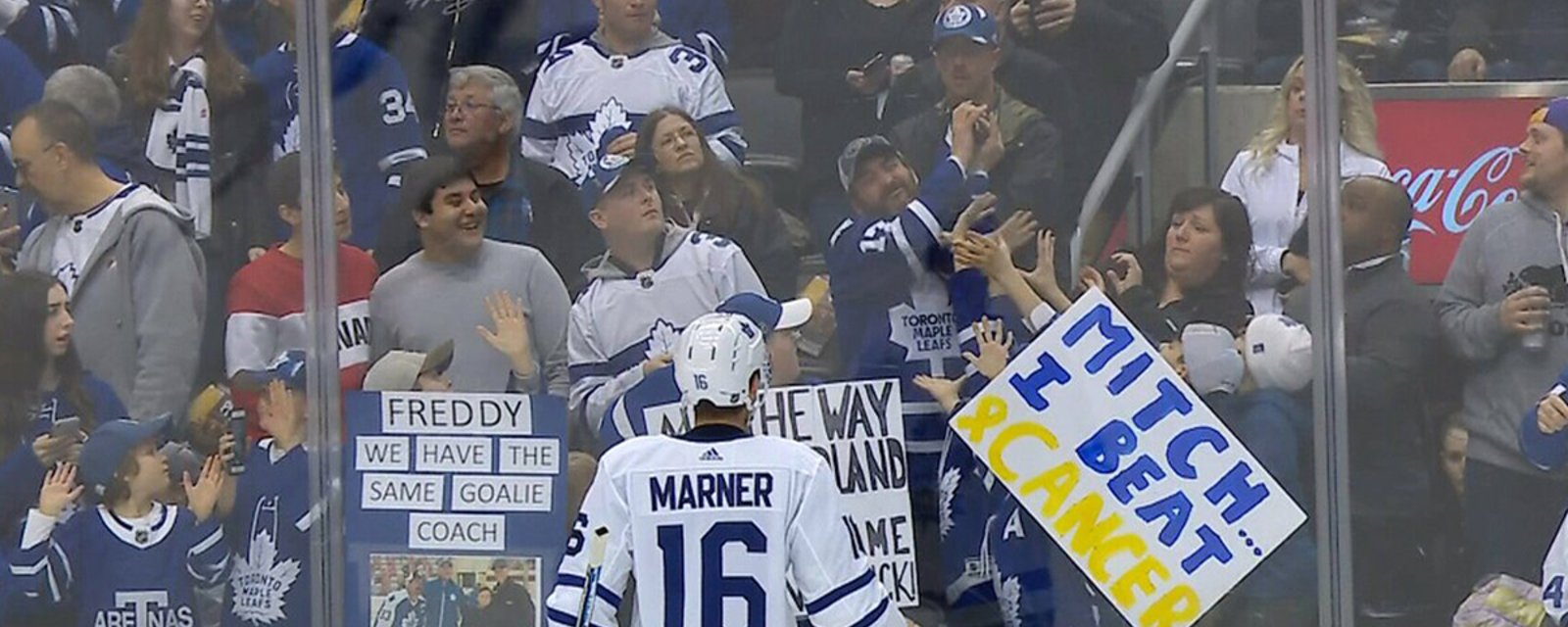 Mitch Marner gifts signed stick to cancer surviving kid in Leafs warm-ups