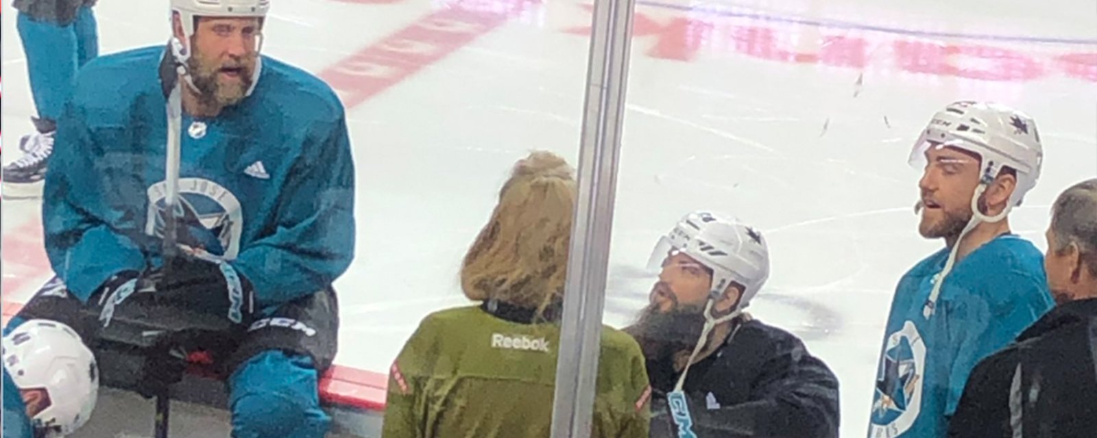 Thornton invites Sharks fan down to ice level during team practice in Calgary