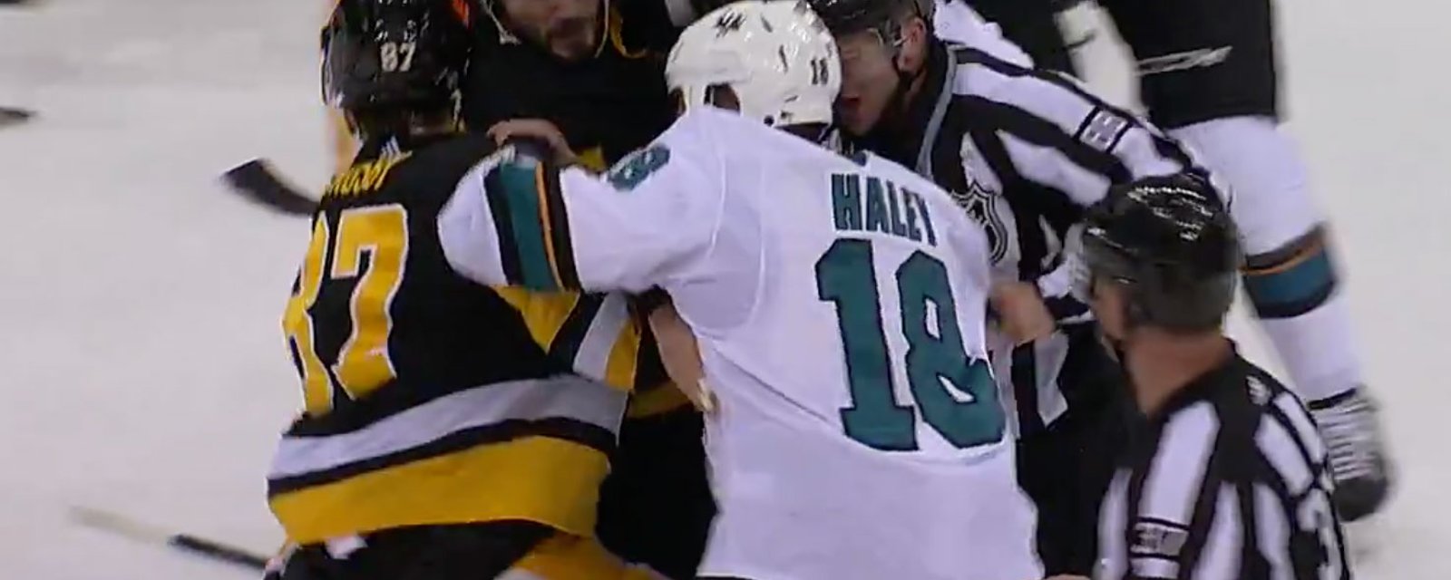 Pens and Sharks get in line brawl during commercial break, 4 players get thrown out of the game including Crosby! 