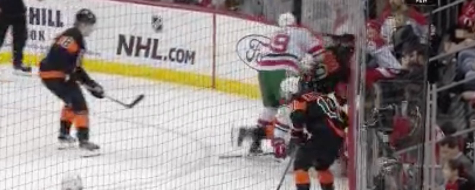 Breaking: Flyers' Patrick barely survives trash hit from behind! 