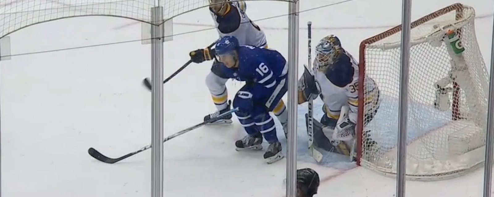 Marner gets doubled over by a low blow from the goalie!