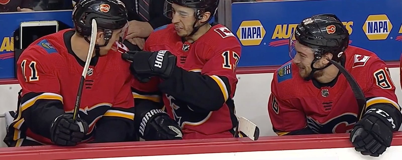 Johnny Gaudreau channels his inner Oprah on the Flames bench.
