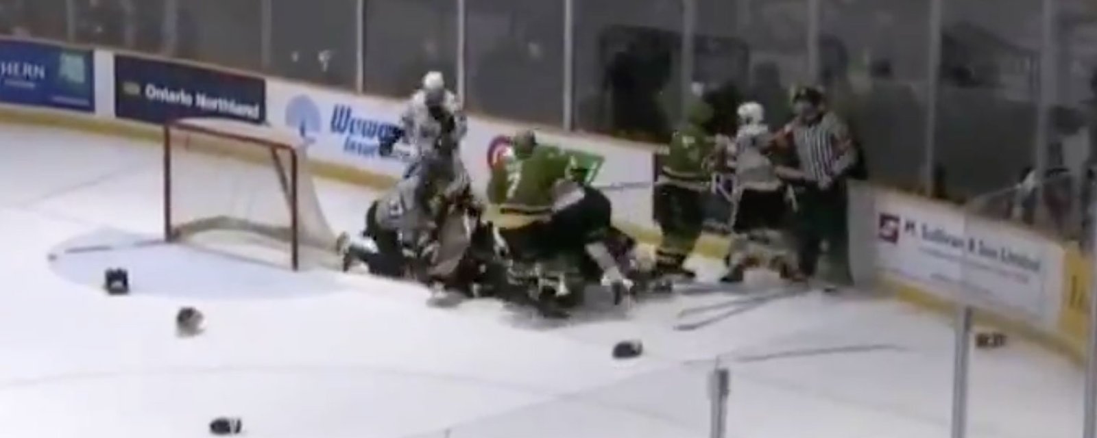 Massive line brawl erupts after player attacks goalie in his net! 