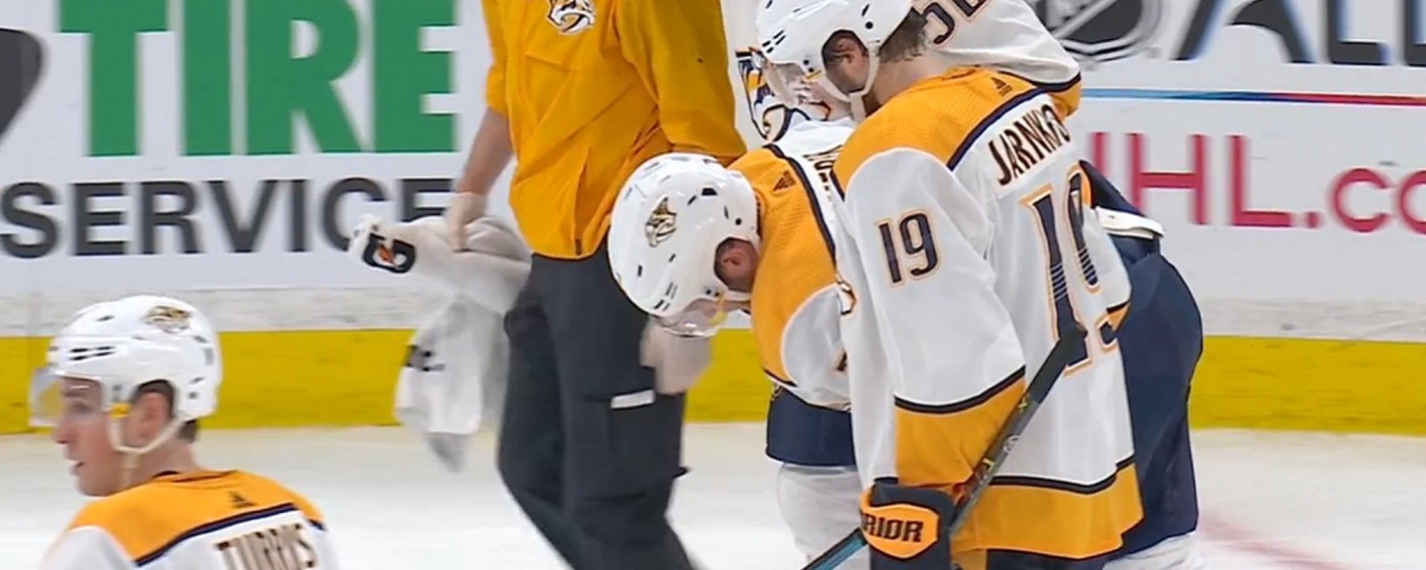 Weber carried off the ice after knee on knee from Bruins' Kuraly.
