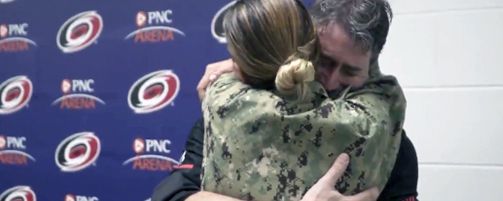 Hurricanes coach Rod Brind’Amour helps a solider surprise her father with an emotional return