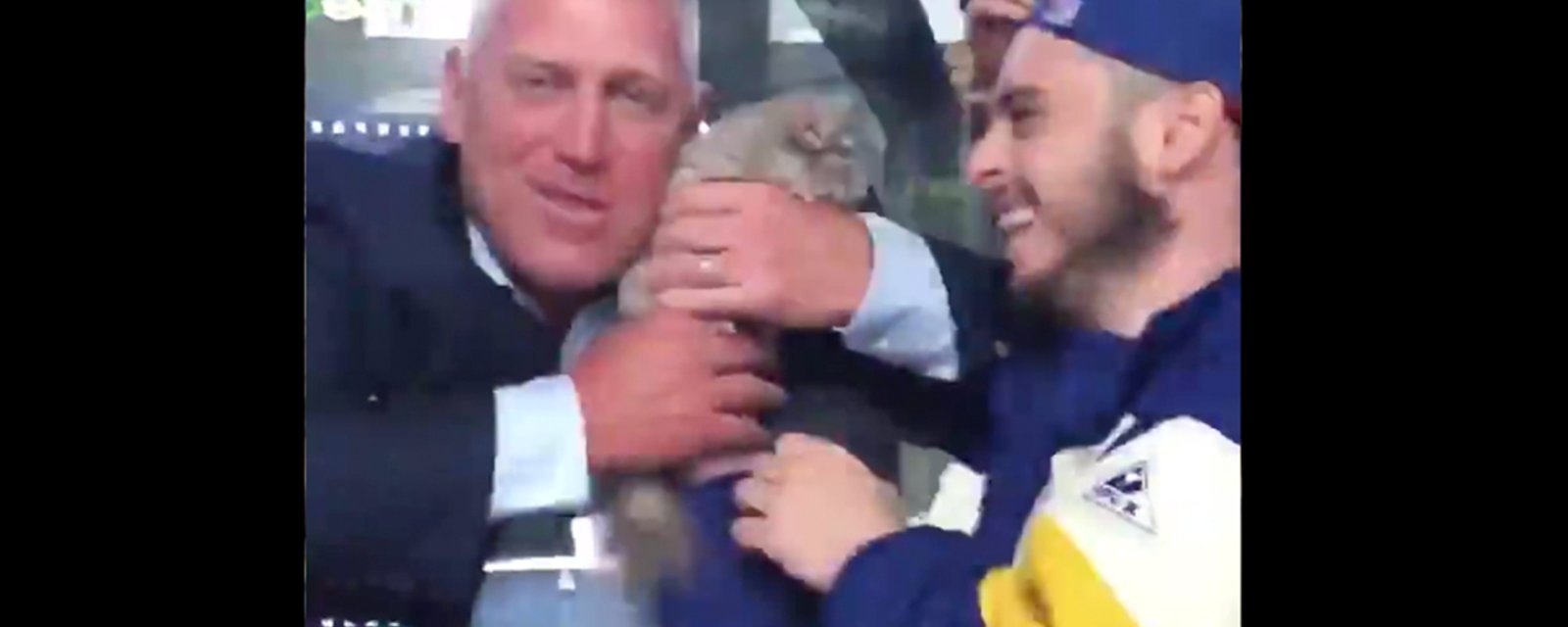 A drunken Brett Hull celebrates the Blues’ win by kissing a chinchilla