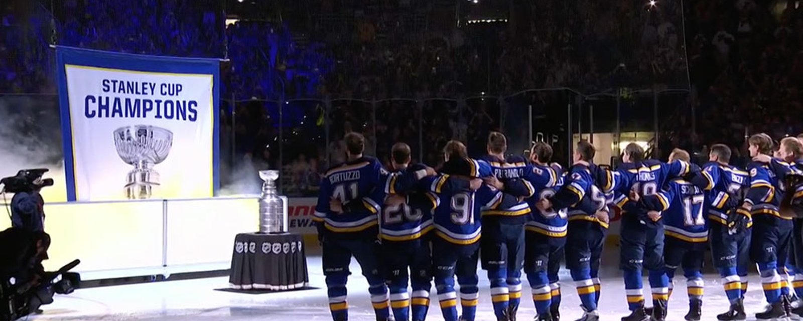 The Blues play “Gloria” one last time as their Stanley Cup banner ascends into the rafters