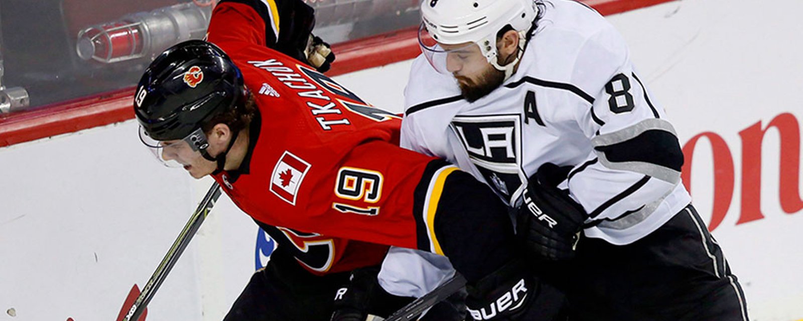 Drew Doughty fires a shot at Matthew Tkachuk ahead of Kings and Flames game