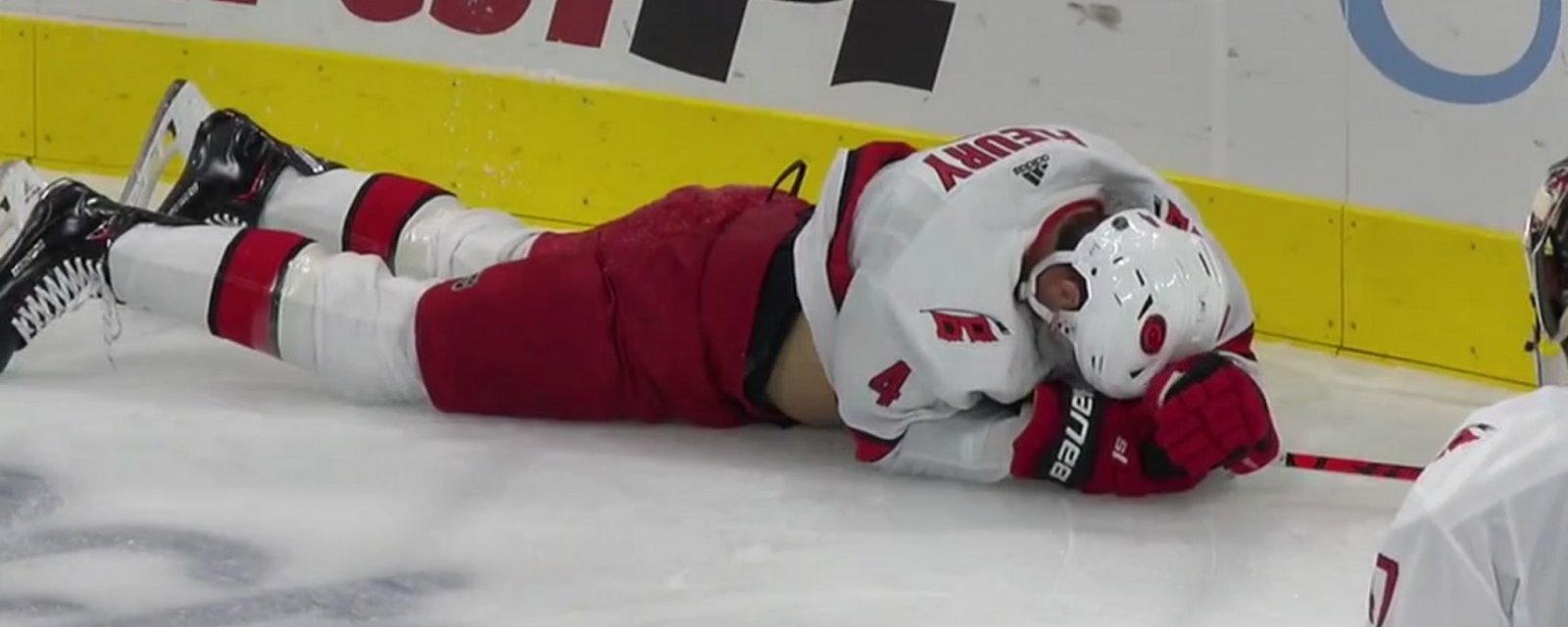 Haydn Fleury down after horrifying crash into the boards.