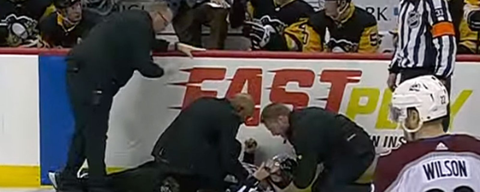 Referee slams his head into the boards and is forced to leave Pens vs Avs game