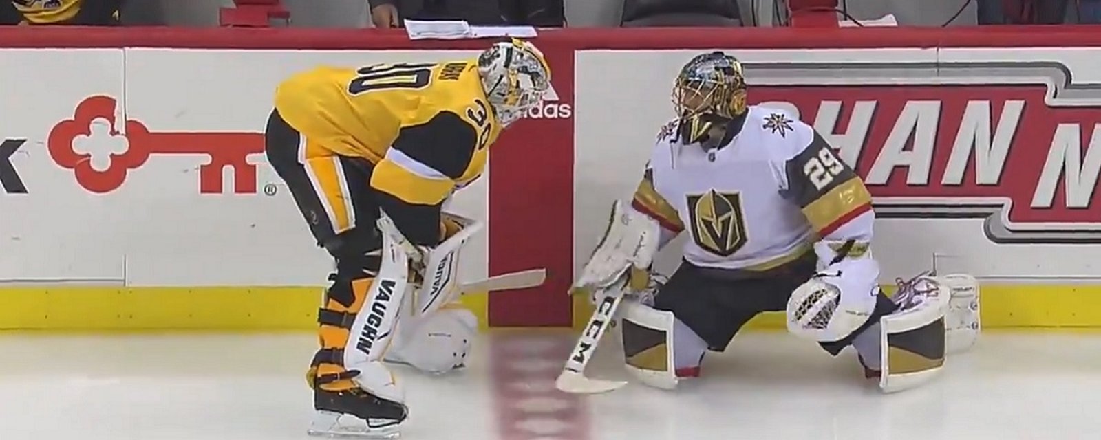 Marc Andre Fleury shares a special moment before the game with several former teammates.