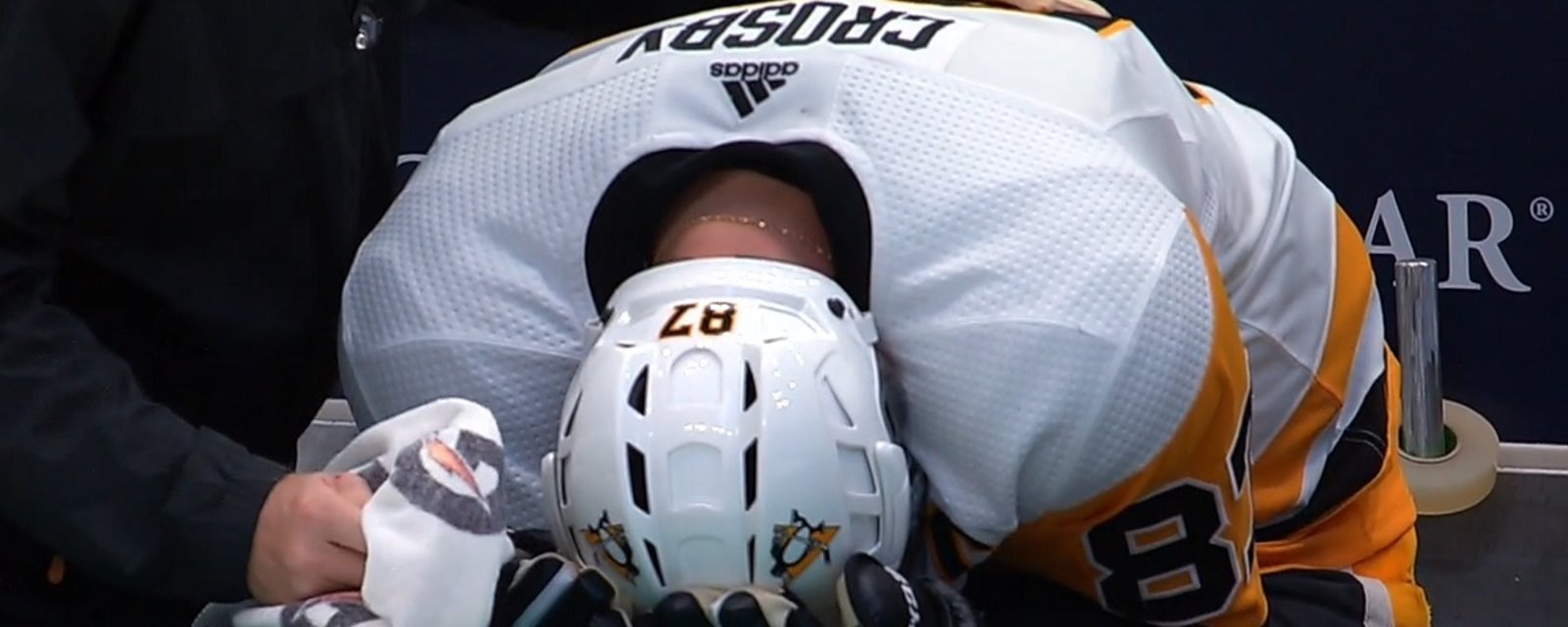 Crosby in agony after taking a slapshot from Kris Letang to the head!