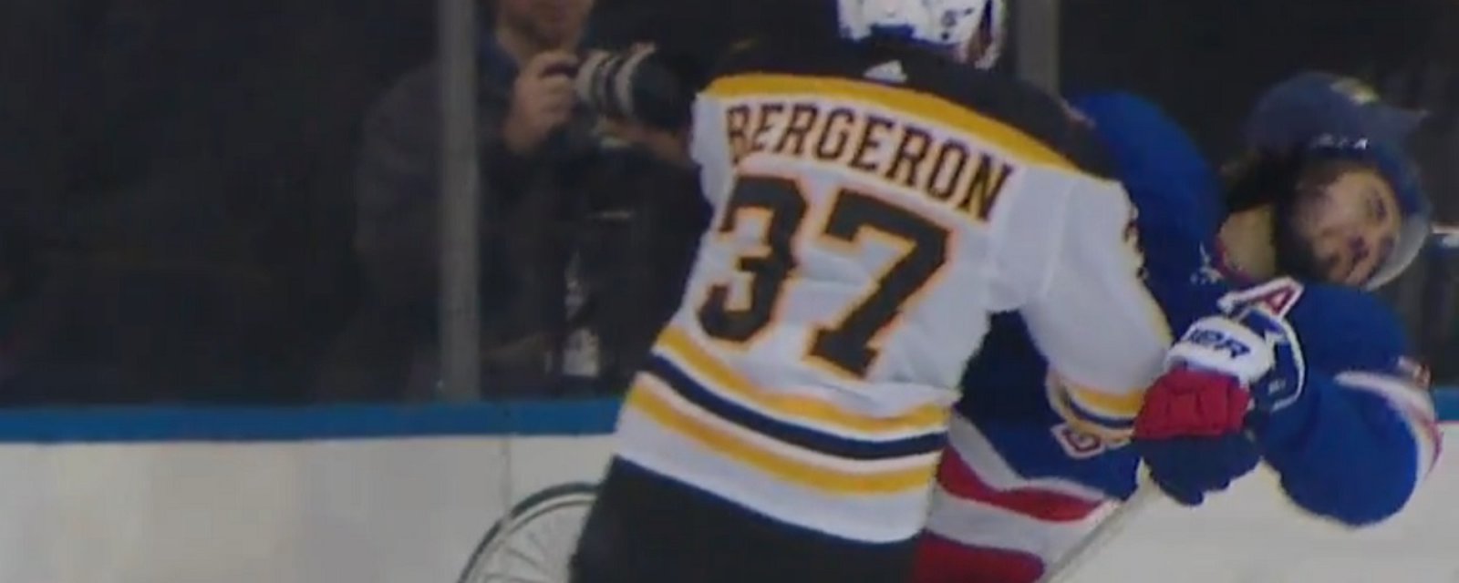 Huge hit from Patrice Bergeron knocks Mika Zibanejad out of the game.