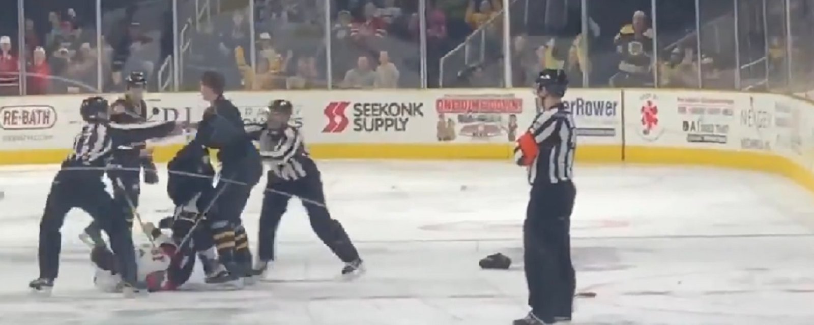 Bruins first round pick Trent Frederic hammers his opponent with huge shots before dropping him to the ice.