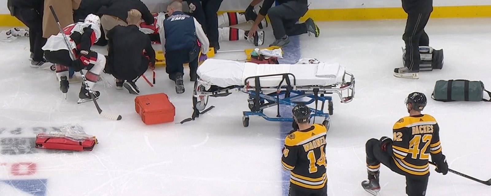 Terrifying scene in the NHL tonight as the stretcher comes out for Scott Sabourin.