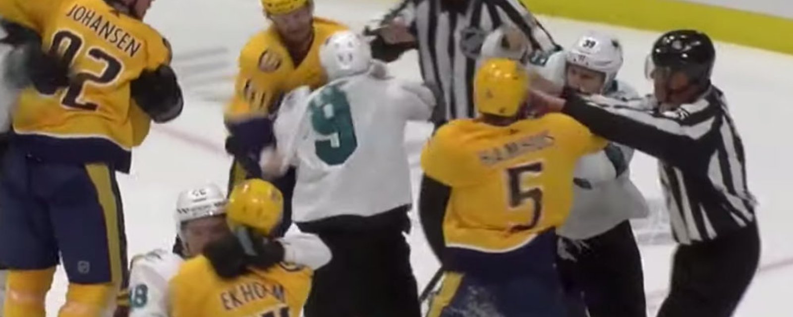 Evander Kane fights two Preds in one shift! 