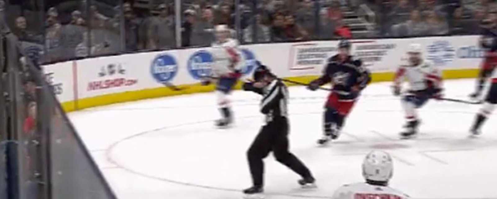 Referee takes a puck to the face in Caps vs Blue Jackets game