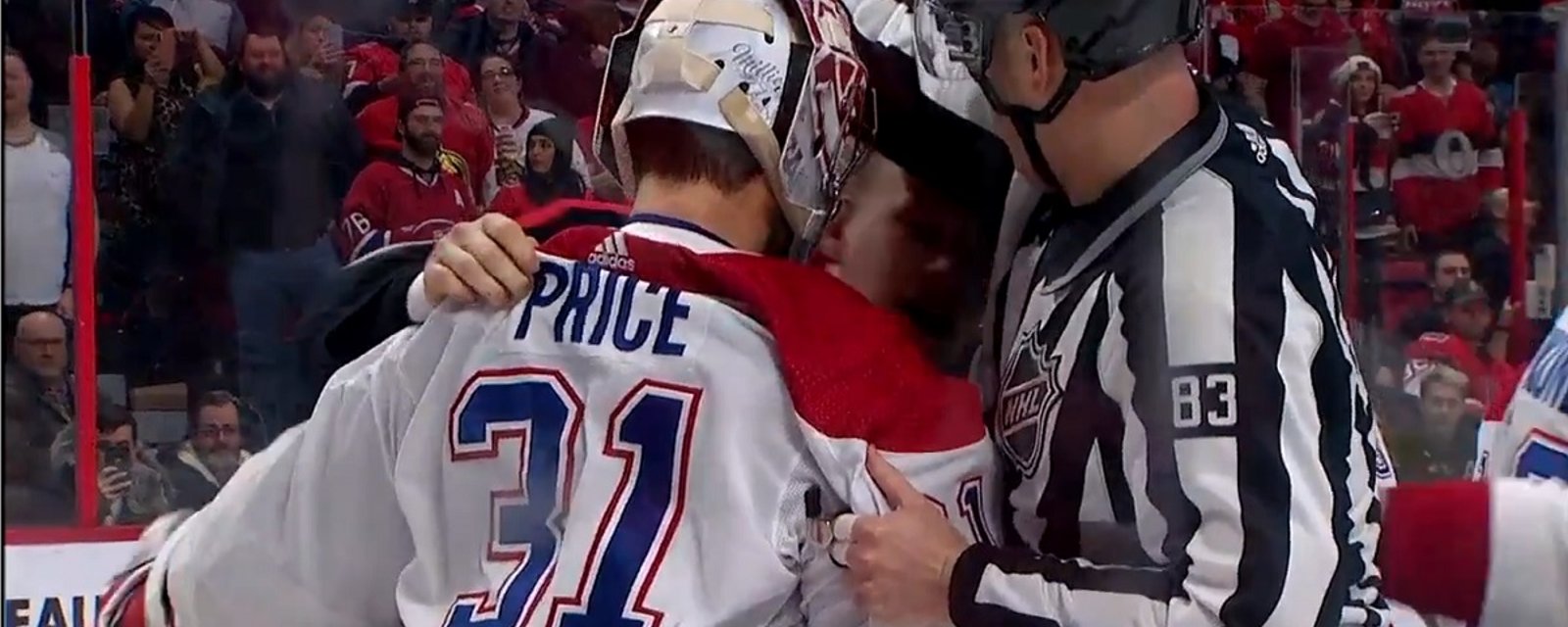 Carey Price attacks Brady Tkachuk after the whistle and has to be restrained by NHL officials.