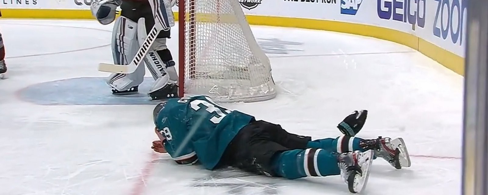 Logan Couture knocked out of the game after taking another puck to the face.