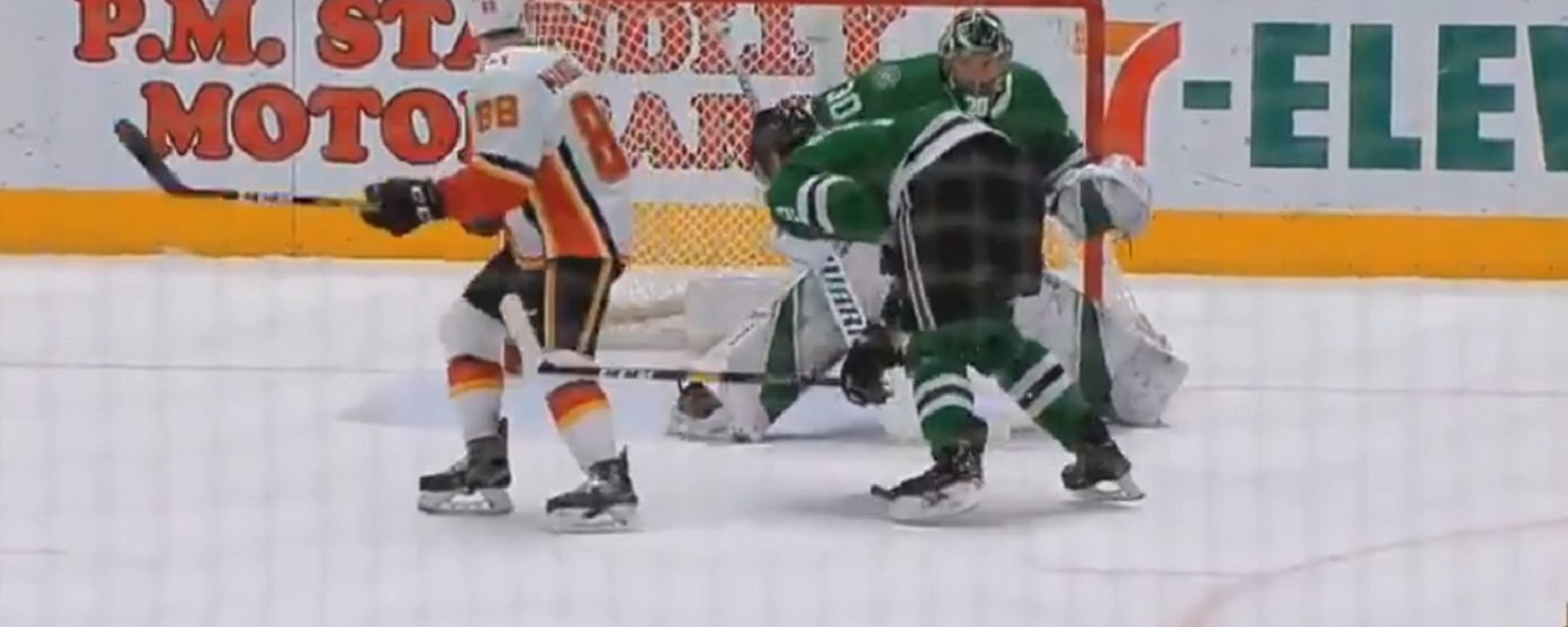 Jamie Oleksiak takes a puck to the groin and goes tumbling to the ice.