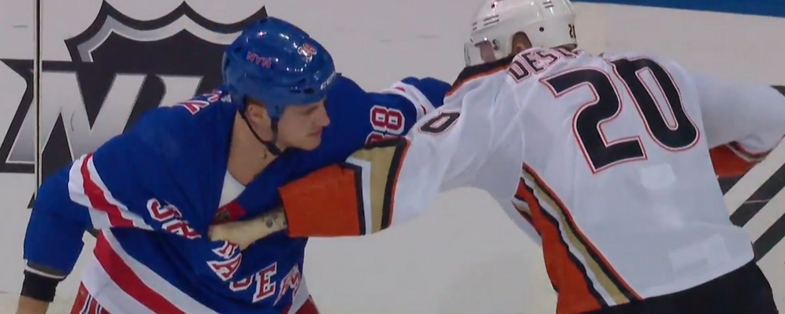 Veteran enforcers Nicolas Deslauriers and Micheal Haley try to take each others heads off.