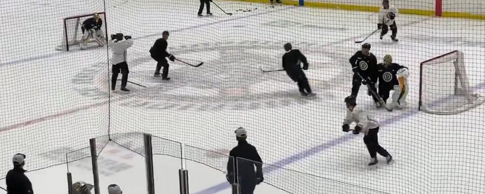 Chris Wagner flexes on Brad Marchand after failed hit in practice.