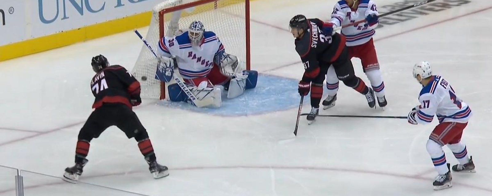 Henrik Lundqvist coughs up a goal on the first shot of the playoffs!