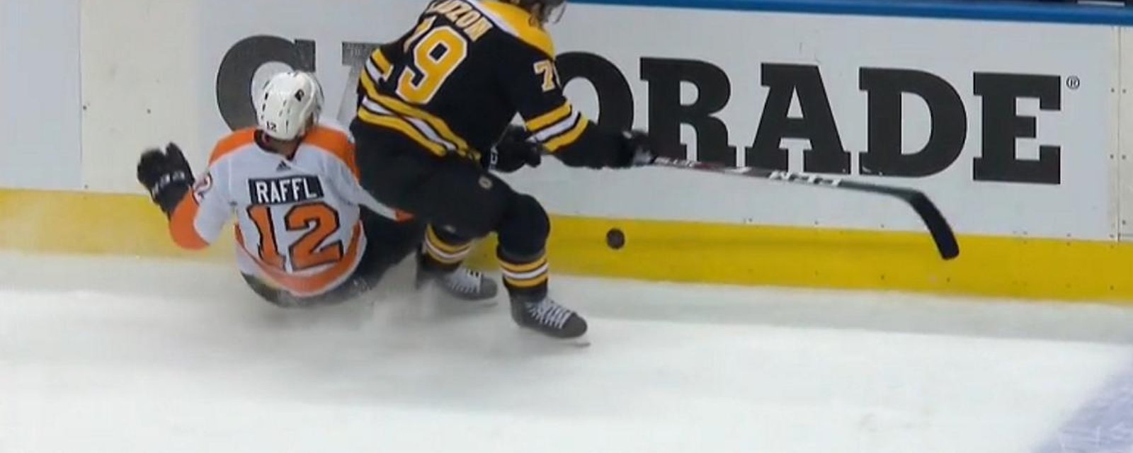 Michael Raffl leaves the game after awkward hit along the boards.
