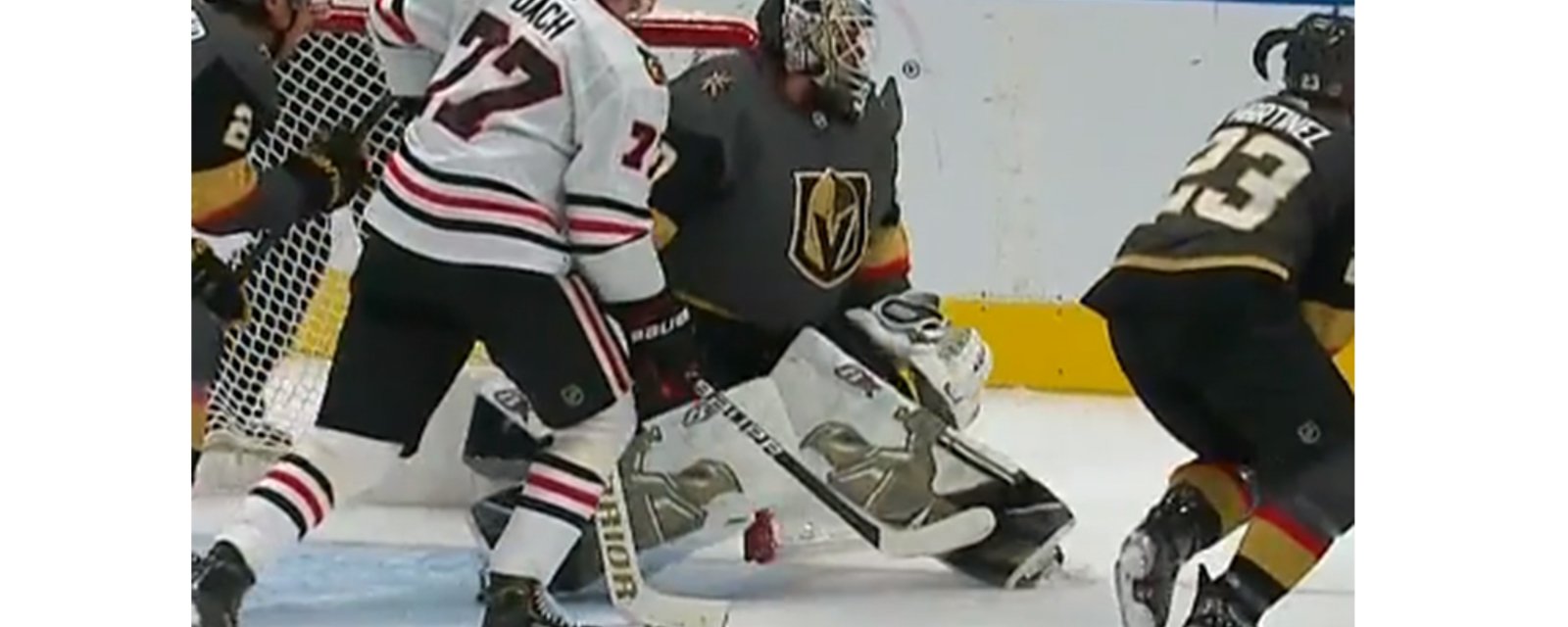 Lehner loses his skate blade twice during play, makes a save anyways!