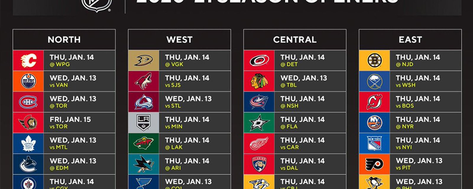 NHL releases full 56 game schedule for all 31 teams