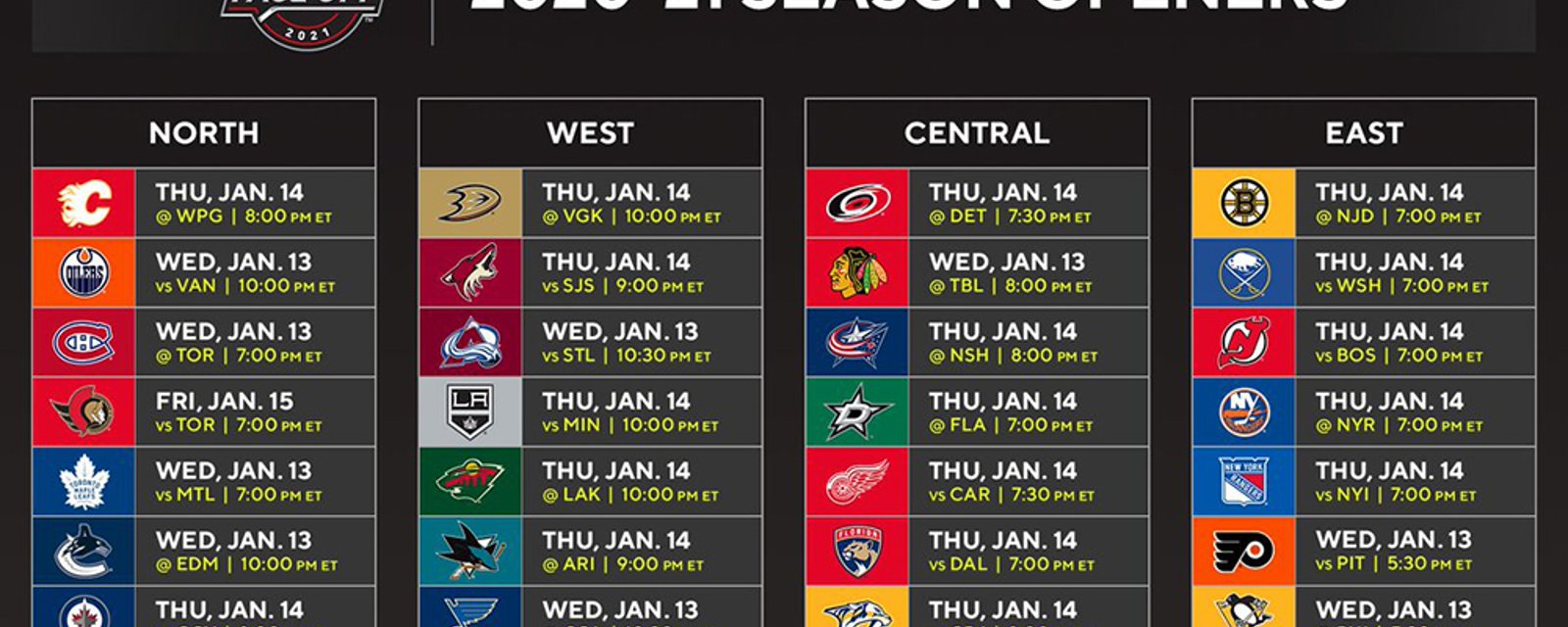 NHL releases 2021 regular season start times