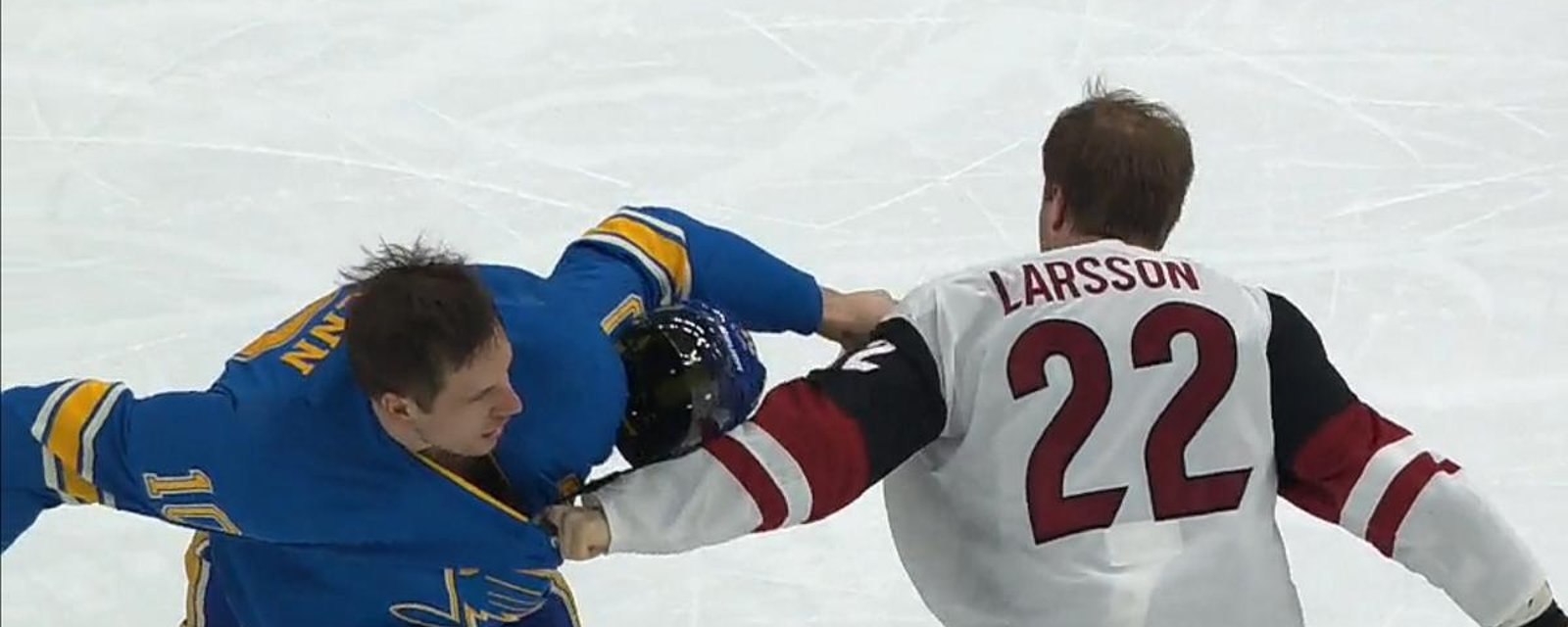 Oliver Ekman Larsson takes on Brayden Schenn in back and forth battle.