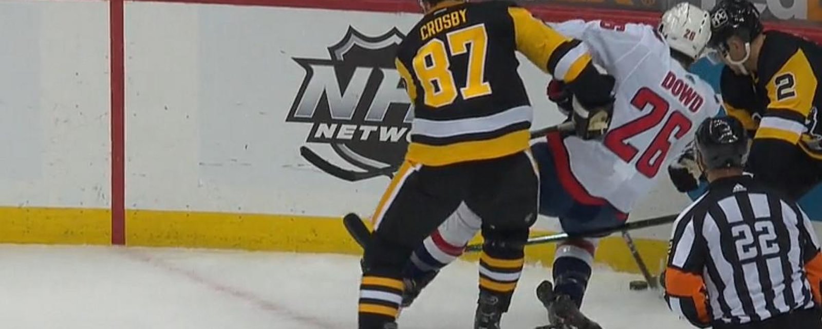 Nic Dowd shaken up after a slew foot from Sidney Crosby.