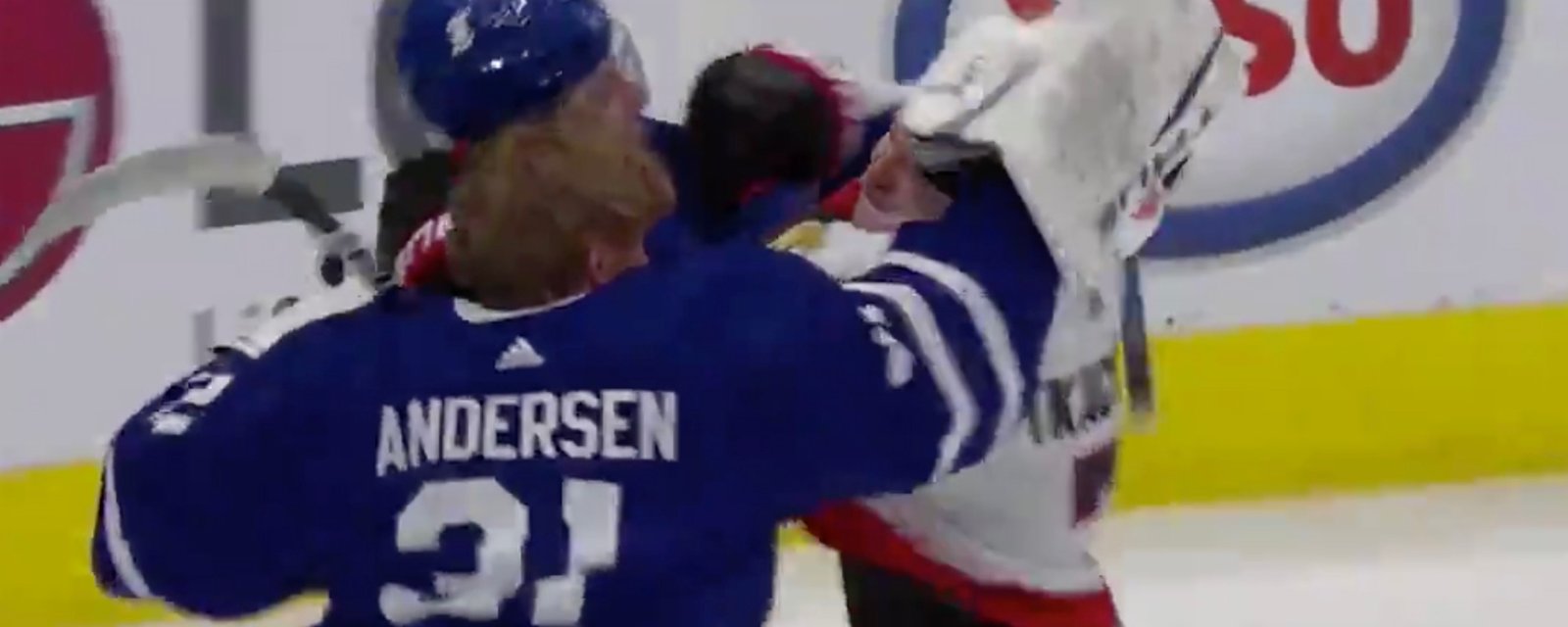Leafs’ Andersen and Muzzin go after Tkachuk, who fights back with bombs!