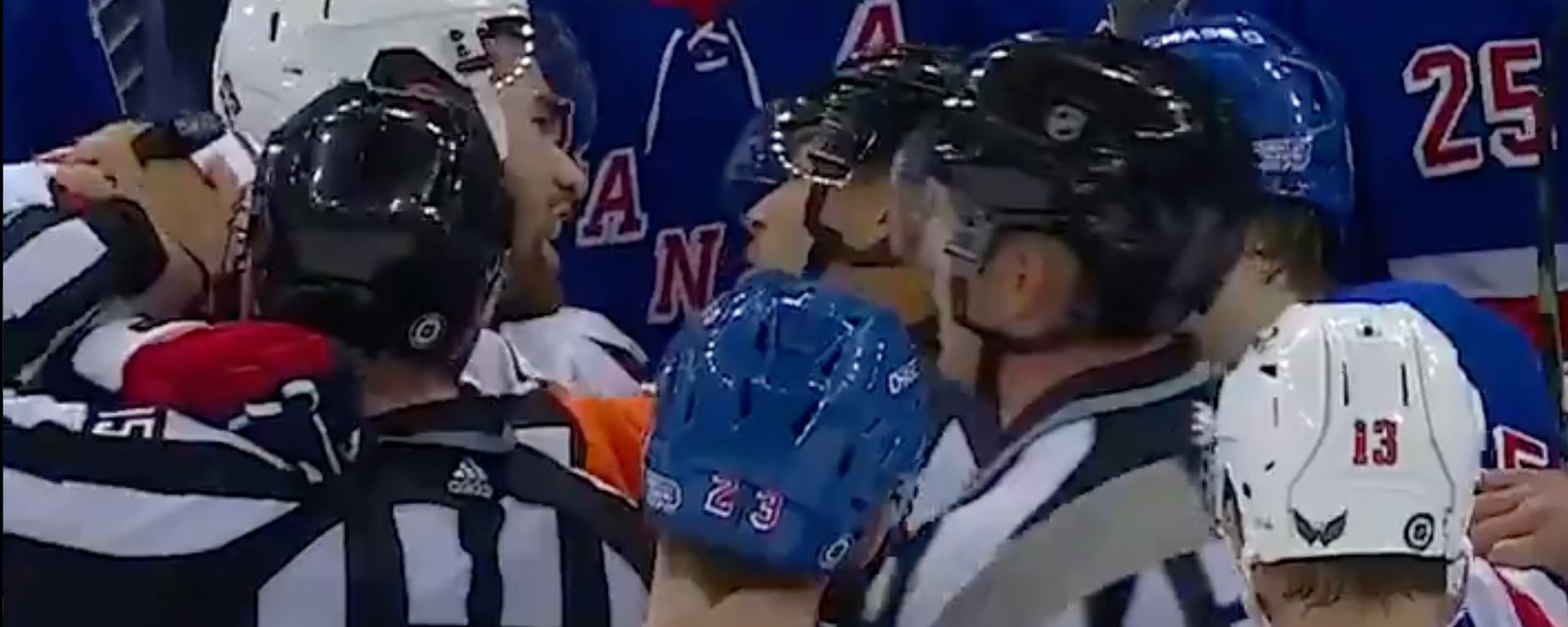 Tom Wilson loses it and needs to be restrained by 3 officials as he attacks Rangers